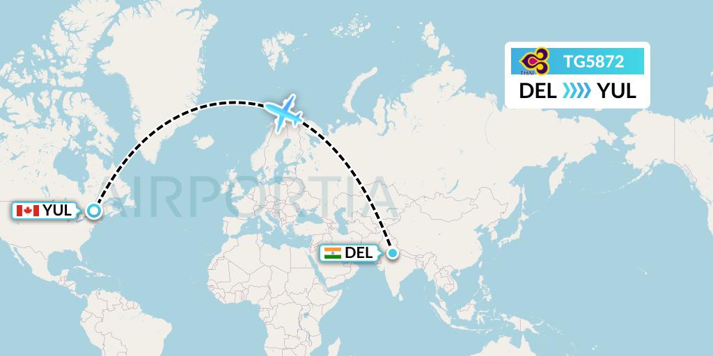 TG5872 Thai Airways Flight Map: Delhi to Montreal