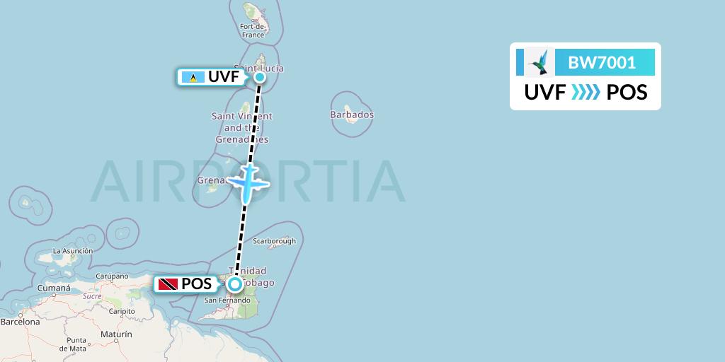 BW7001 Caribbean Airlines Flight Map: Vieux Fort to Port of Spain