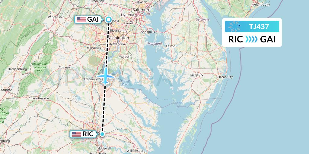 TJ437 Tradewind Aviation Flight Map: Richmond to Gaithersburg