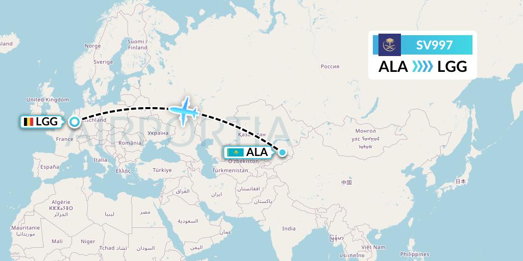 SV997 Saudi Arabian Airlines Flight Map: Almaty to Liege