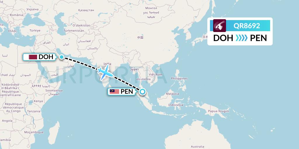 QR8692 Qatar Airways Flight Map: Doha to Penang
