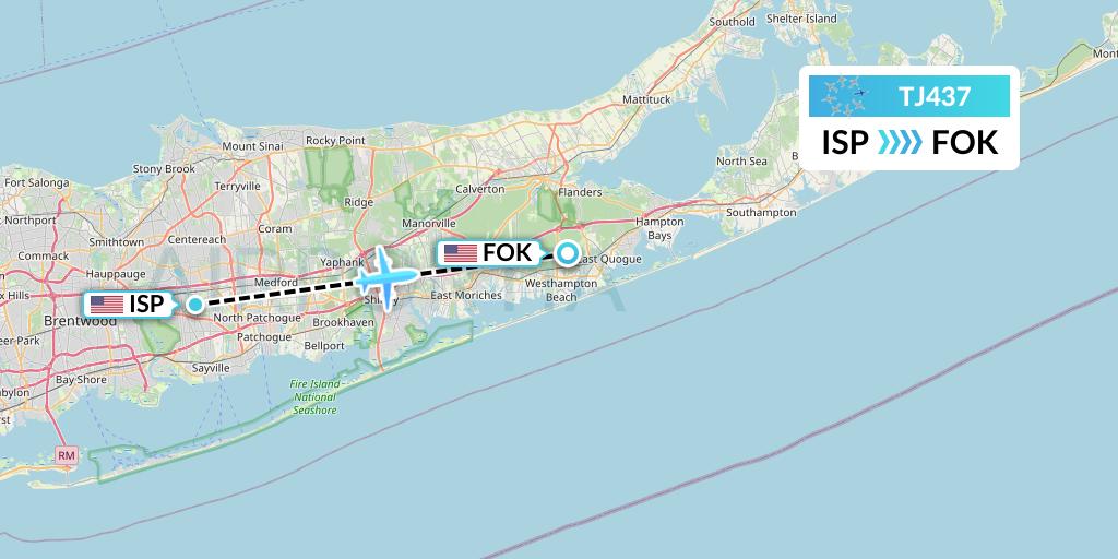 TJ437 Tradewind Aviation Flight Map: Islip to Westhampton Beach