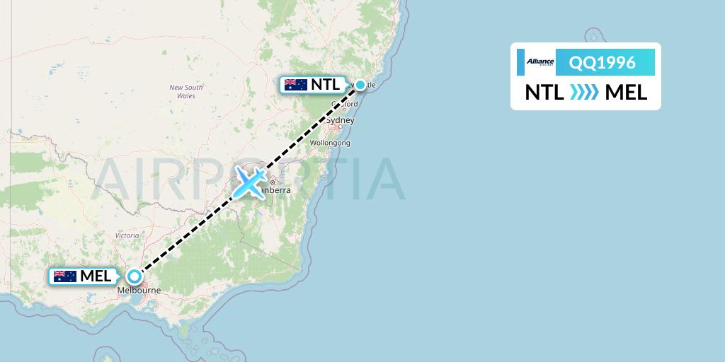 QQ1996 Alliance Airlines Flight Map: Newcastle to Melbourne