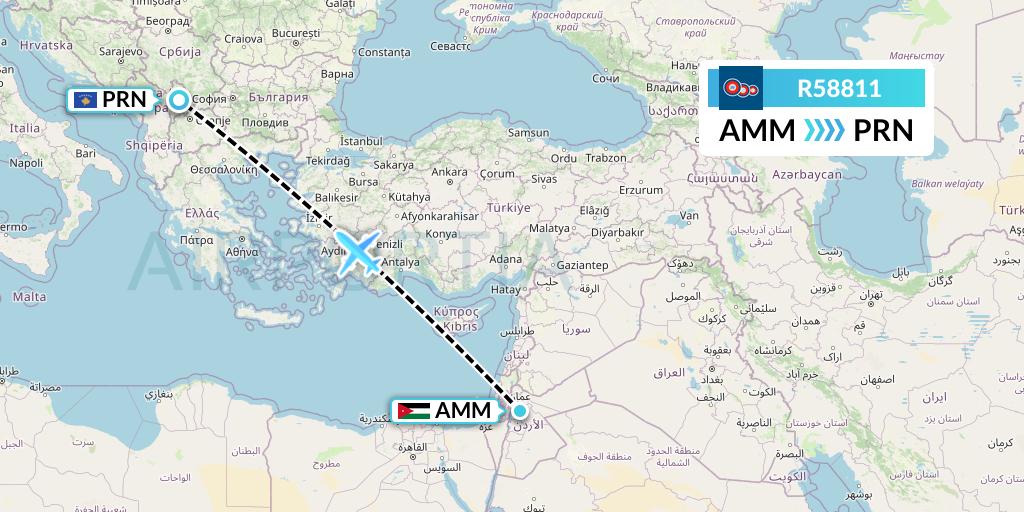 R58811 Jordan Aviation Flight Map: Amman to Pristina