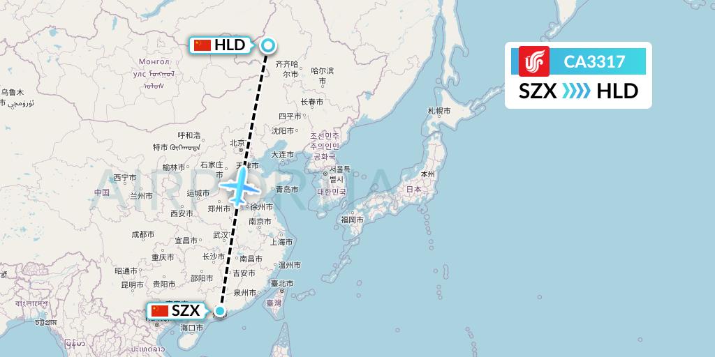 CA3317 Air China Flight Map: Shenzhen to Hailar