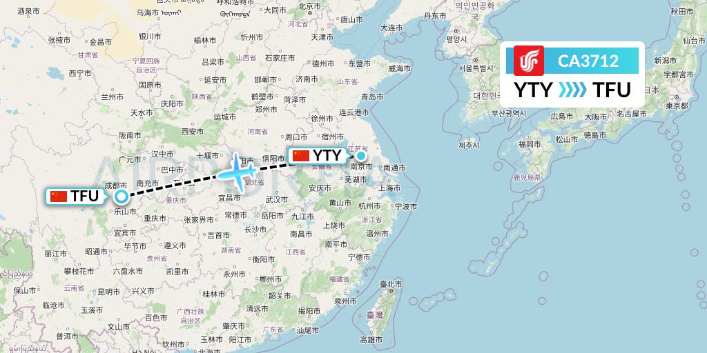 CA3712 Air China Flight Map: Yangzhou to Chengdu