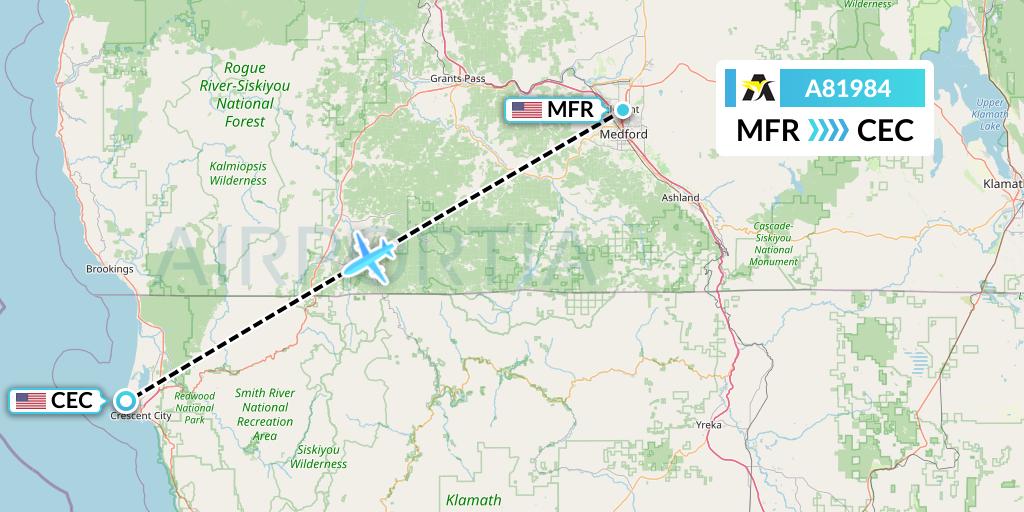 A81984 Aerolink Uganda Flight Map: Medford to Crescent City