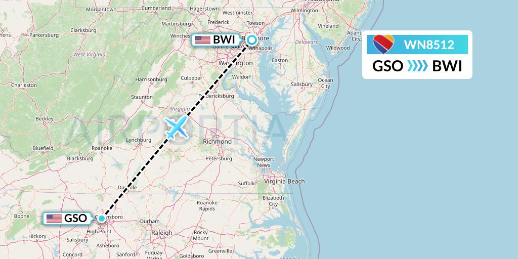 WN8512 Southwest Airlines Flight Map: Greensboro to Baltimore