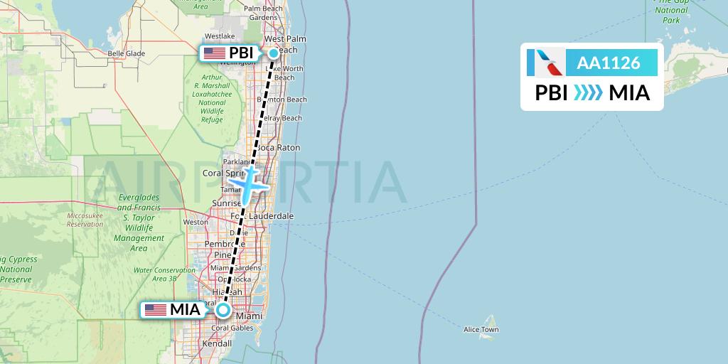 AA1126 American Airlines Flight Map: West Palm Beach to Miami