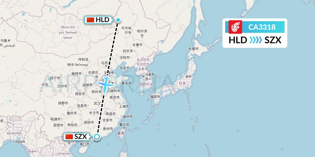 CA3318 Air China Flight Map: Hailar to Shenzhen