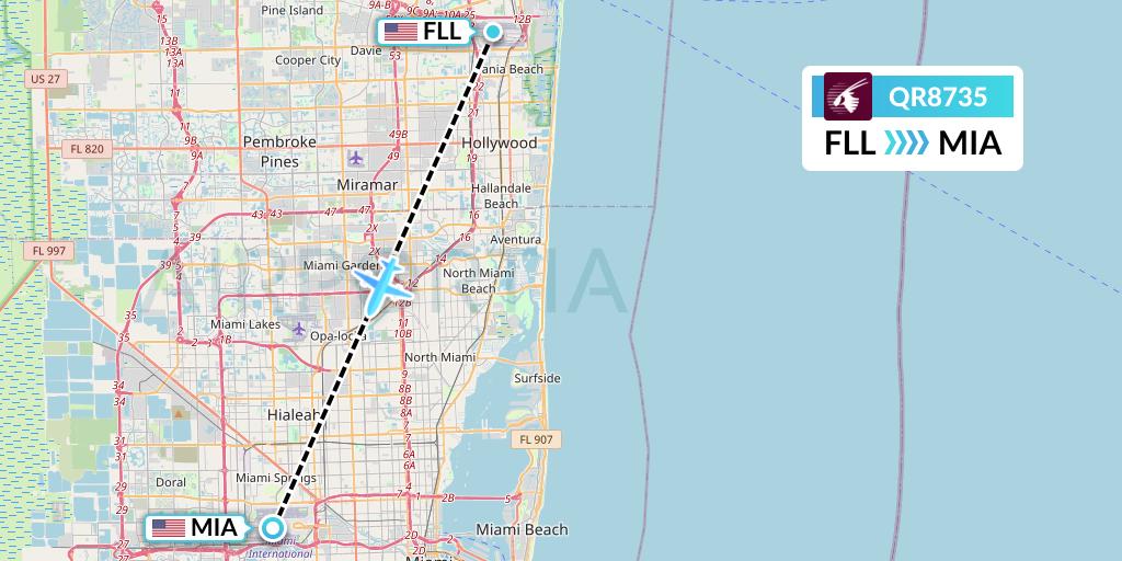 QR8735 Qatar Airways Flight Map: Fort Lauderdale to Miami
