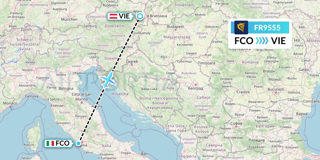 FR9555 Ryanair Flight Map: Rome to Vienna