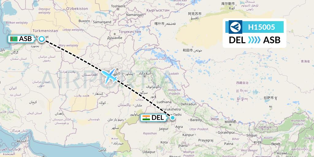 H15005 Hahn Air Systems Flight Map: Delhi to Ashgabat