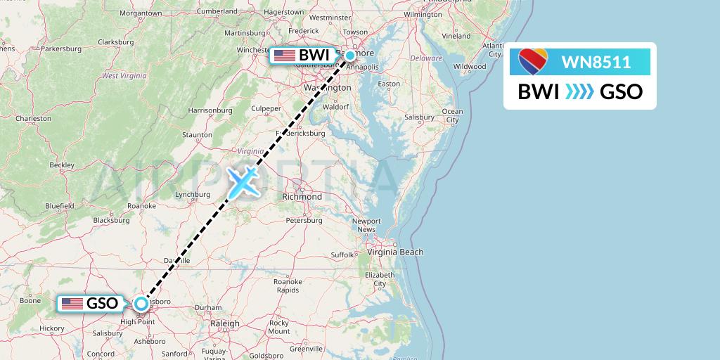 WN8511 Southwest Airlines Flight Map: Baltimore to Greensboro