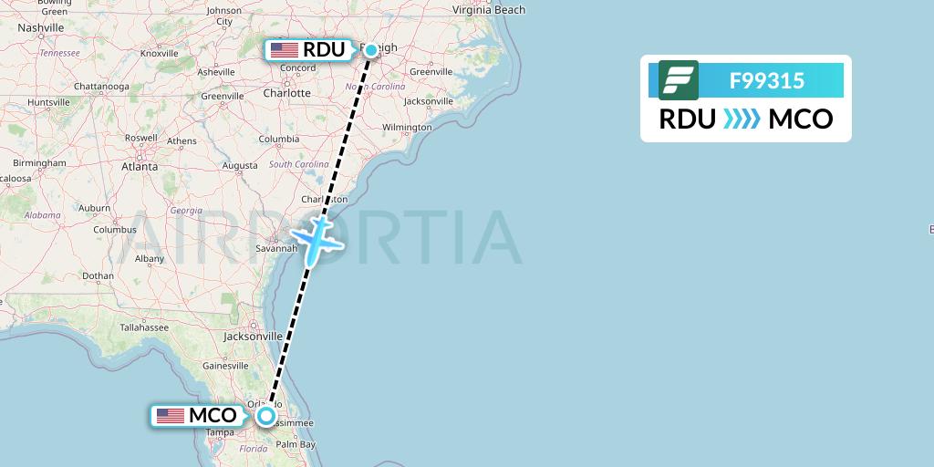 F99315 Frontier Airlines Flight Map: Raleigh-Durham to Orlando
