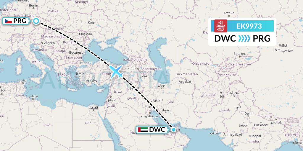 EK9973 Emirates Flight Map: Dubai to Prague