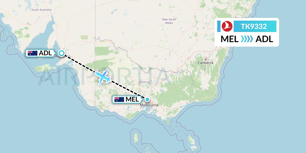 TK9332 Turkish Airlines Flight Map: Melbourne to Adelaide