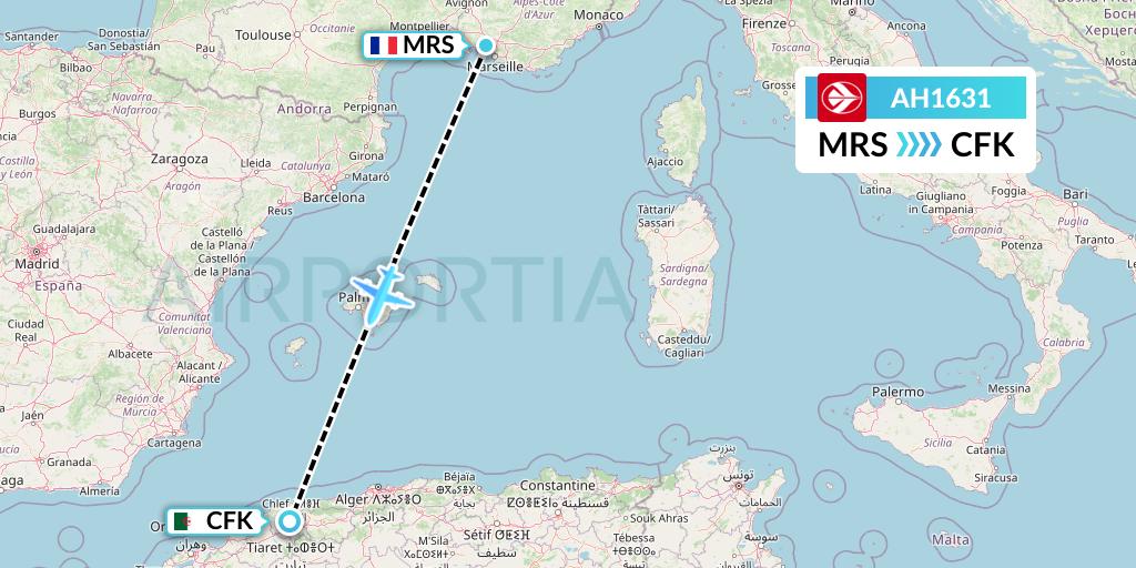 AH1631 Air Algerie Flight Map: Marseille to Chlef