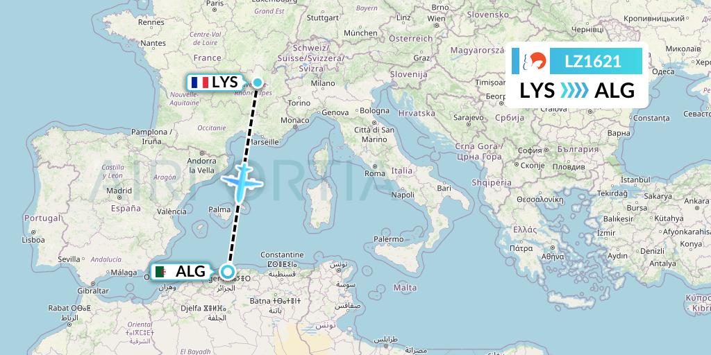LZ1621 Air Link Flight Map: Lyon to Algiers