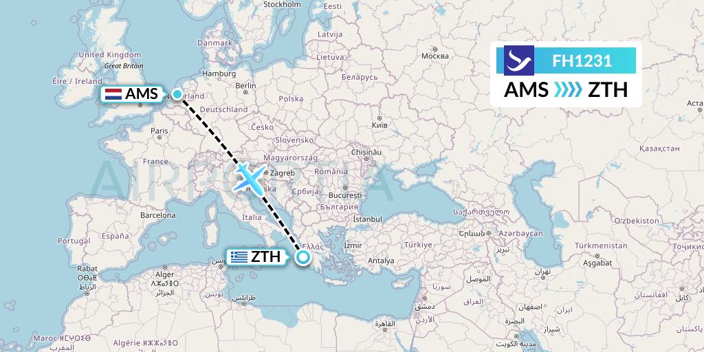 FH1231 Freebird Airlines Flight Map: Amsterdam to Zakynthos