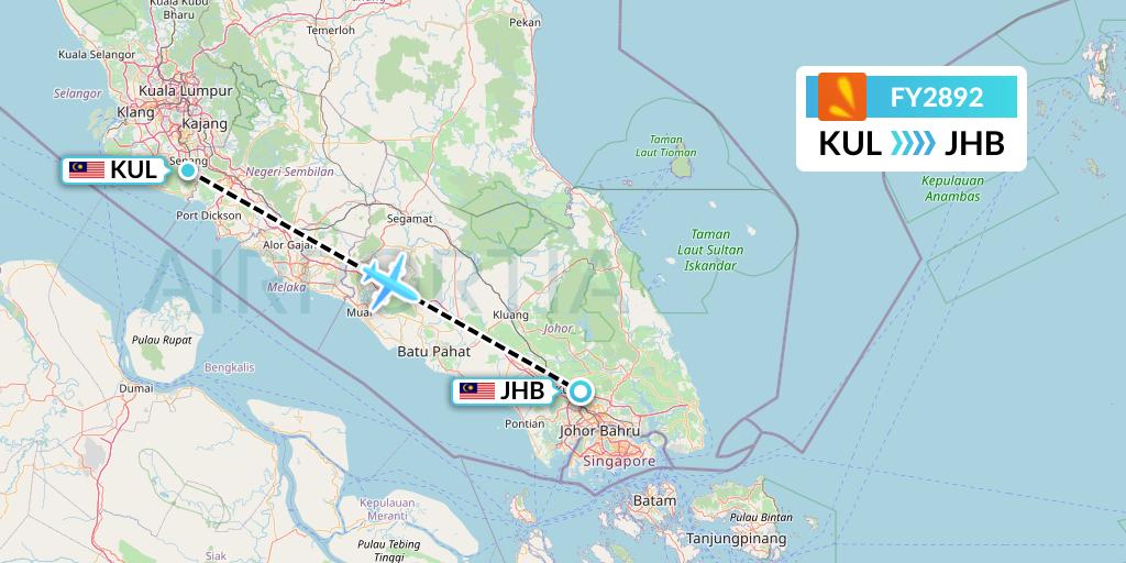 FY2892 Firefly Flight Map: Kuala Lumpur to Johor Bahru