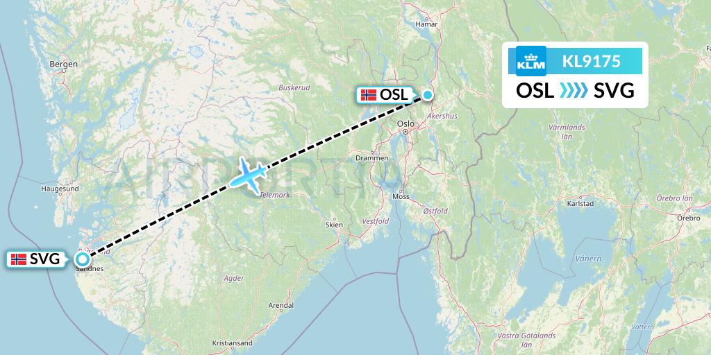 KL9175 KLM Flight Map: Oslo to Stavanger