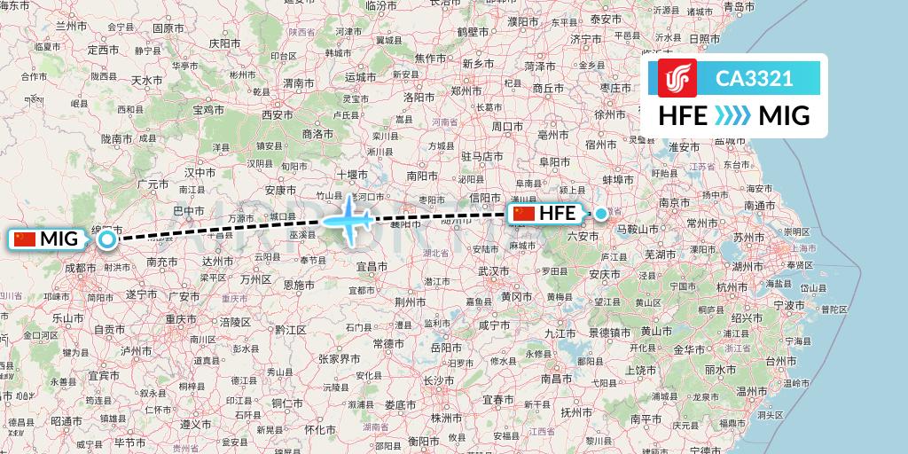 CA3321 Air China Flight Map: Hefei to Mianyang