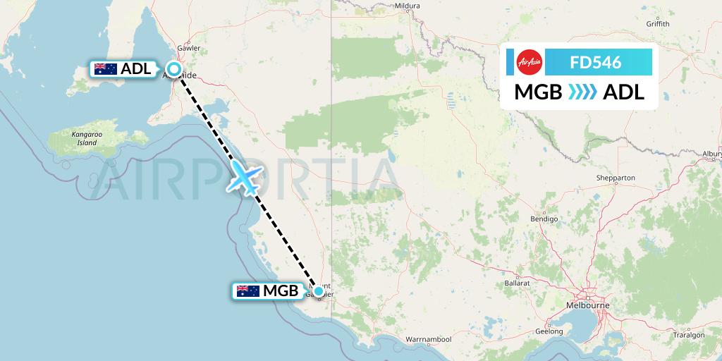 FD546 Thai AirAsia Flight Map: Mount Gambier to Adelaide