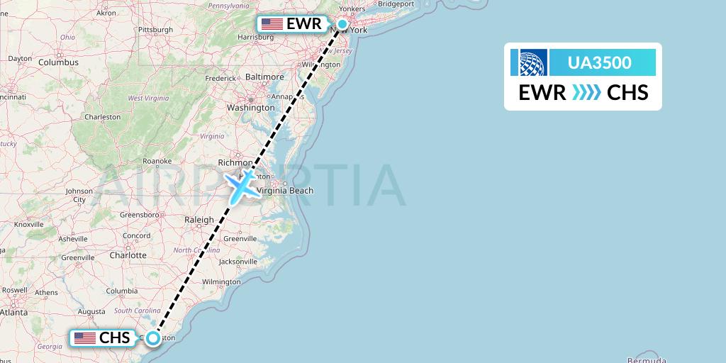 UA3500 United Airlines Flight Map: New York to Charleston