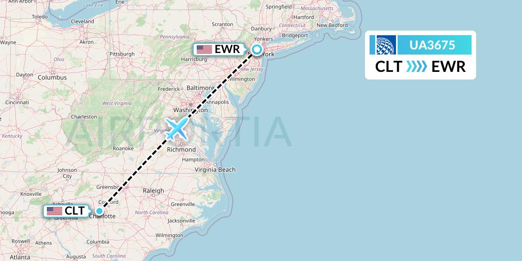 UA3675 United Airlines Flight Map: Charlotte to New York