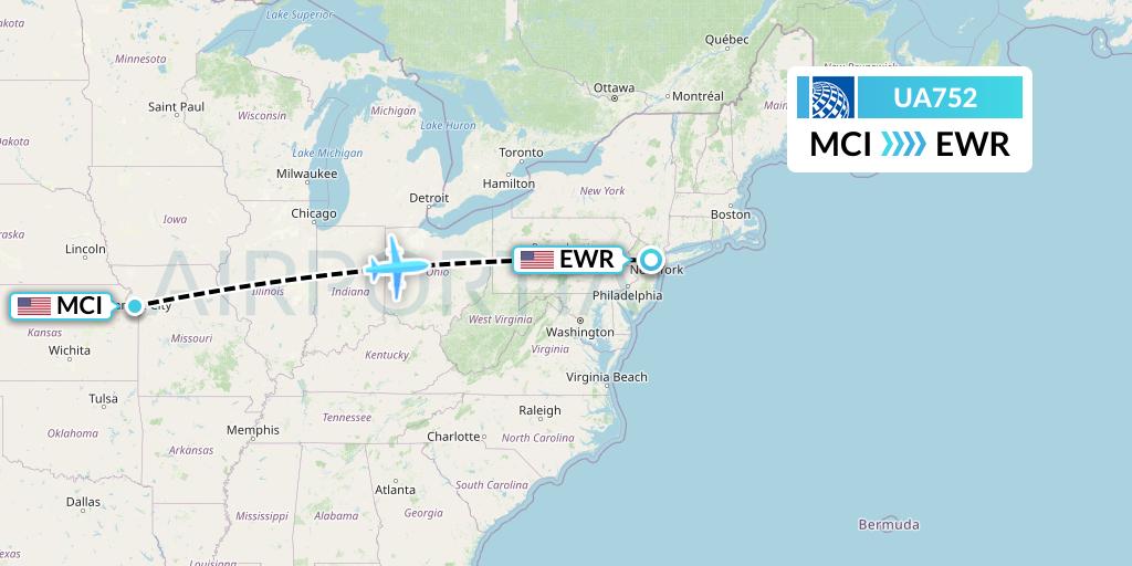 UA752 United Airlines Flight Map: Kansas City to New York