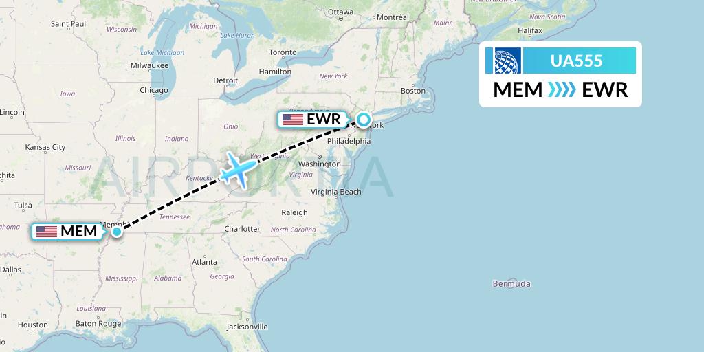 UA555 United Airlines Flight Map: Memphis to New York