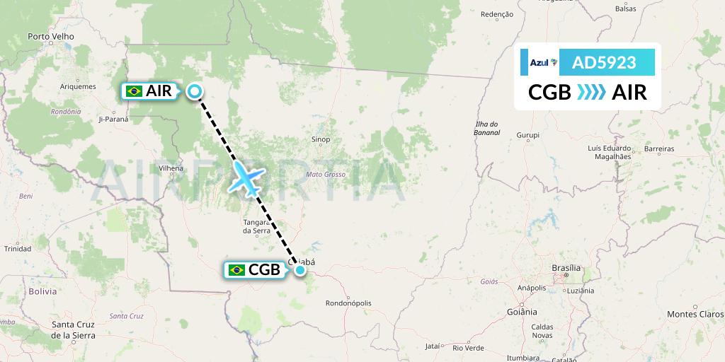 AD5923 Azul Brazilian Airlines Flight Map: Cuiaba to Aripuana