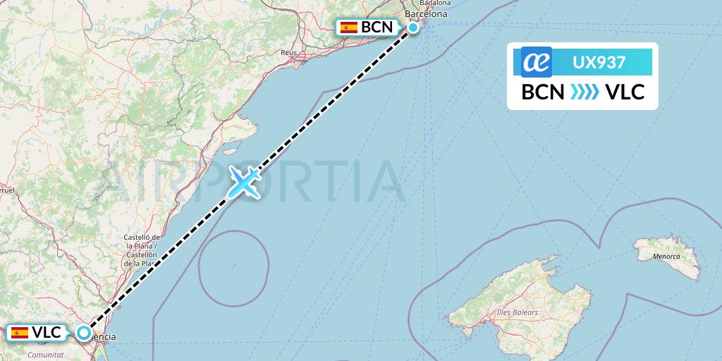 UX937 Air Europa Flight Map: Barcelona to Valencia