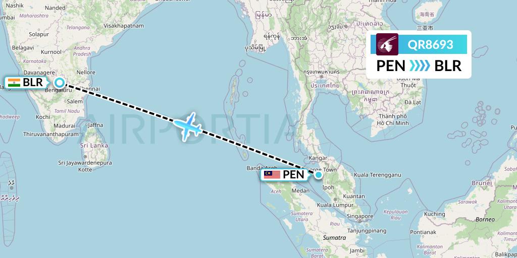 QR8693 Qatar Airways Flight Map: Penang to Bangalore