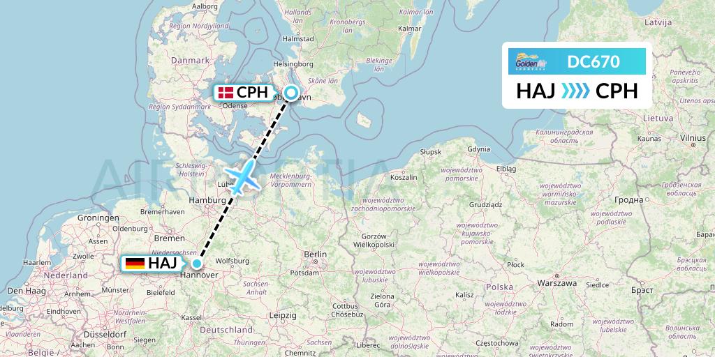 DC670 Braathens Regional Flight Map: Hannover to Copenhagen