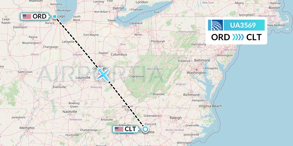 UA3569 United Airlines Flight Map: Chicago to Charlotte