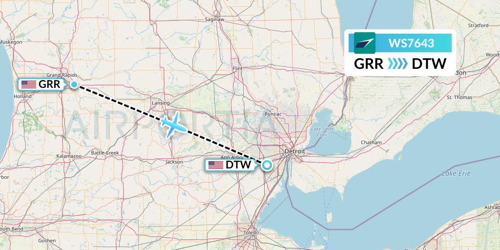 WS7643 WestJet Flight Map: Grand Rapids to Detroit