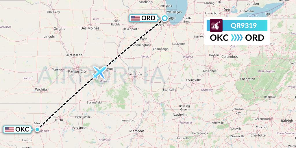 QR9319 Qatar Airways Flight Map: Oklahoma City to Chicago