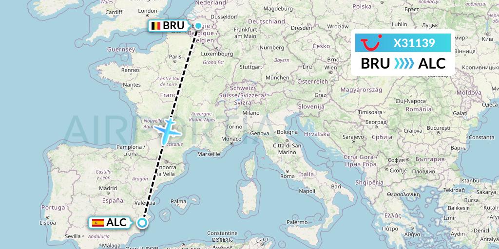 X31139 TUI fly Germany Flight Map: Brussels to Alicante