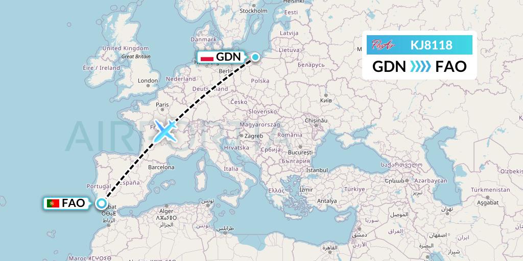 KJ8118 Air Incheon Flight Map: Gdansk to Faro