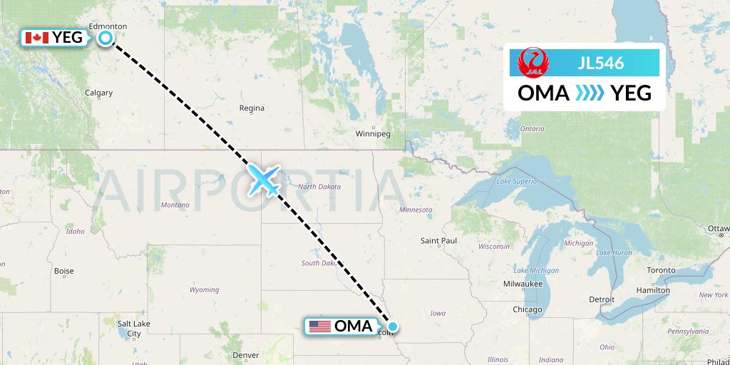 JL546 Japan Airlines Flight Map: Omaha to Edmonton