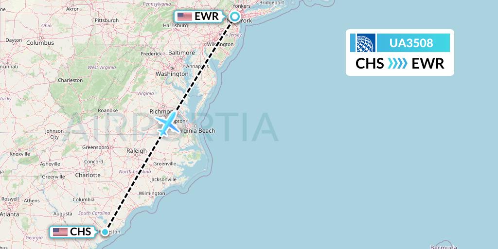 UA3508 United Airlines Flight Map: Charleston to New York