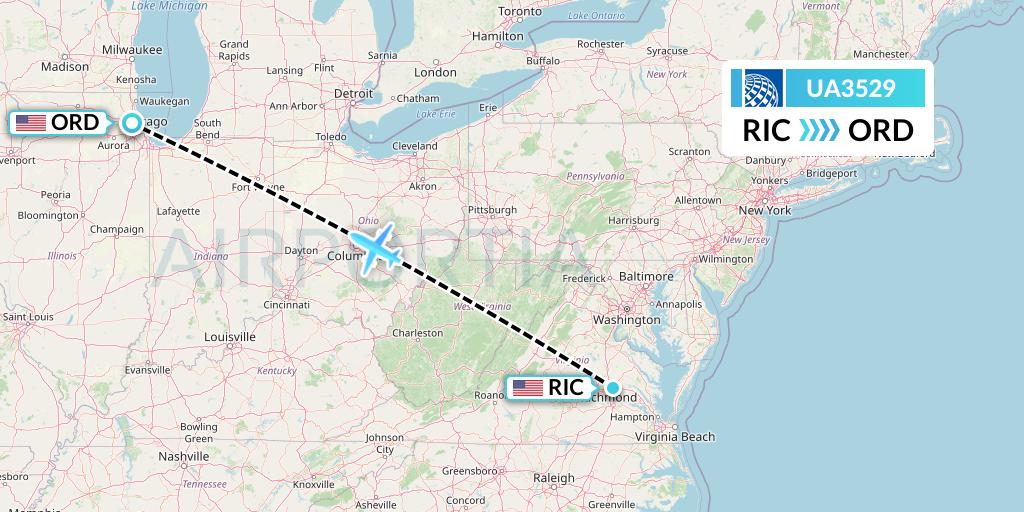 UA3529 United Airlines Flight Map: Richmond to Chicago