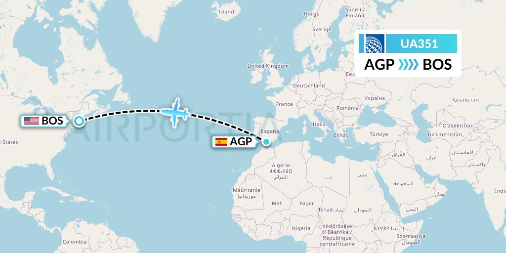UA351 United Airlines Flight Map: Malaga to Boston