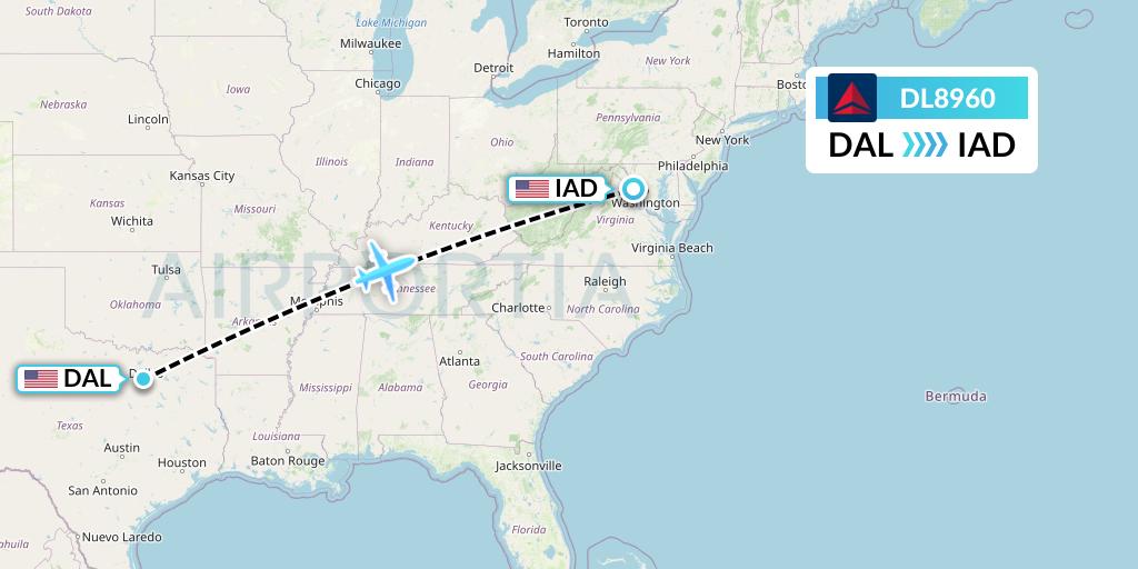DL8960 Delta Air Lines Flight Map: Dallas to Washington