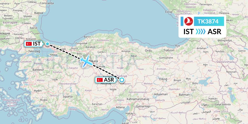 TK3874 Turkish Airlines Flight Map: Istanbul to Kayseri