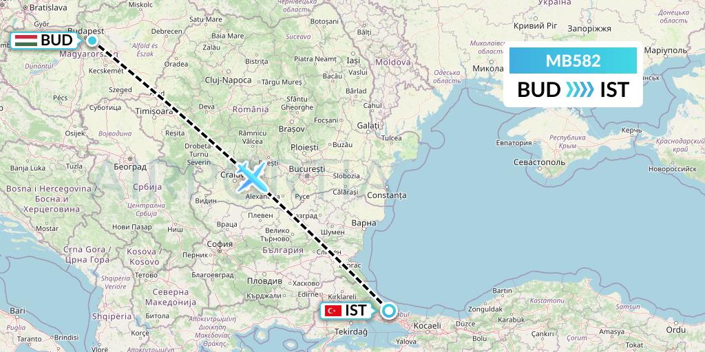 MB582 MNG Airlines Flight Map: Budapest to Istanbul
