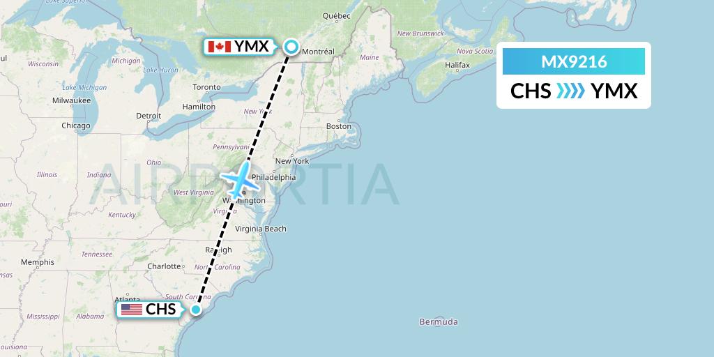MX9216 Breeze Airways Flight Map: Charleston to Montreal