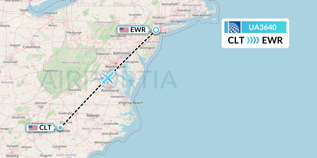 UA3640 United Airlines Flight Map: Charlotte to New York